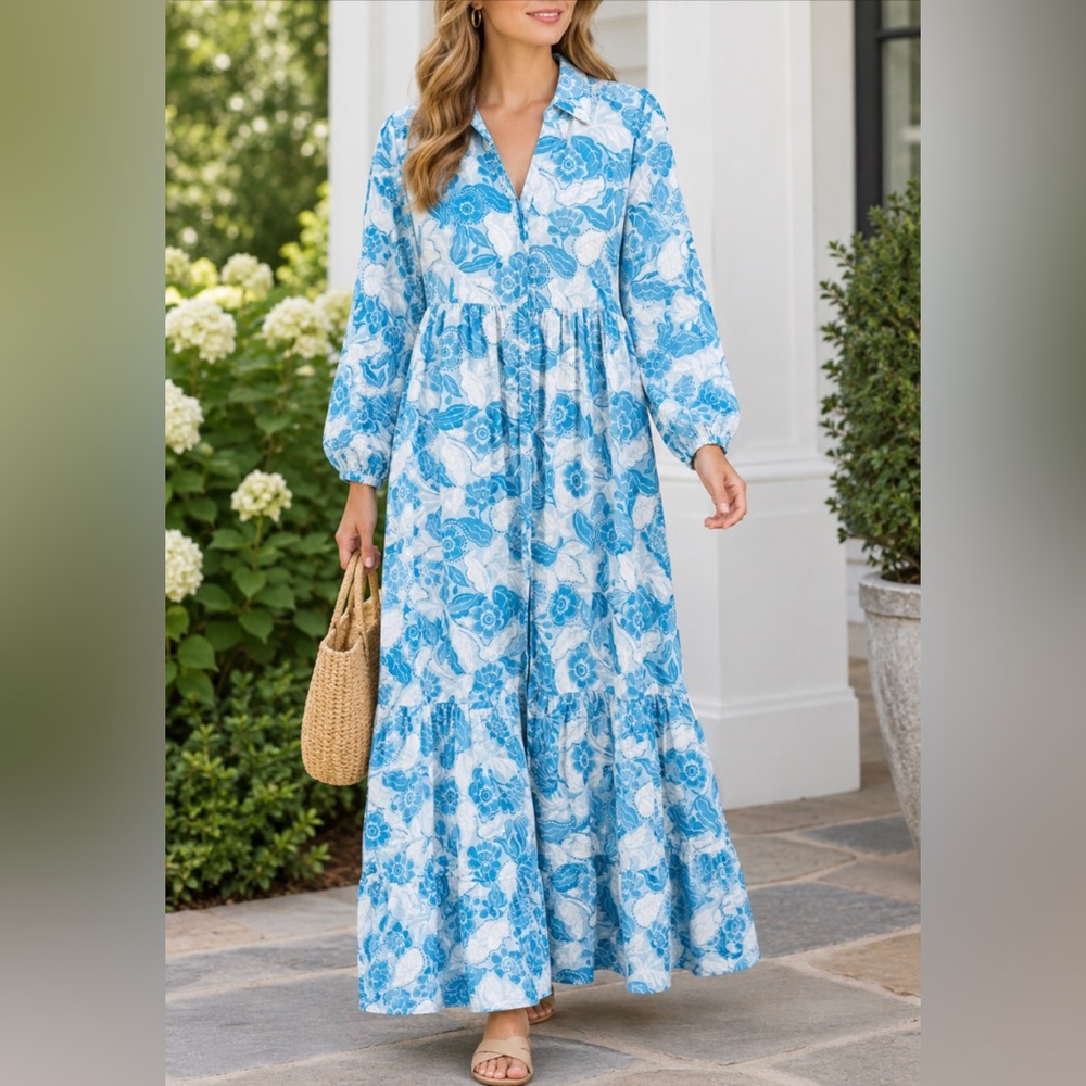 Rachel Zoe Linen/Rayon Blue and White Floral Maxi Dress M